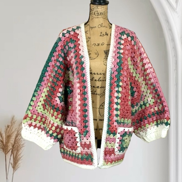 Handcrafted Crochet Granny Square Hexagon Sweater Cardigan New Open Front - Picture 3 of 12